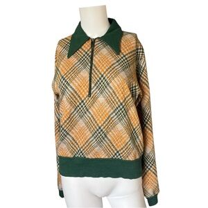 Vintage 70s Olympic Sportswear Knit Pullover Green Yellow Plaid Size Medium M